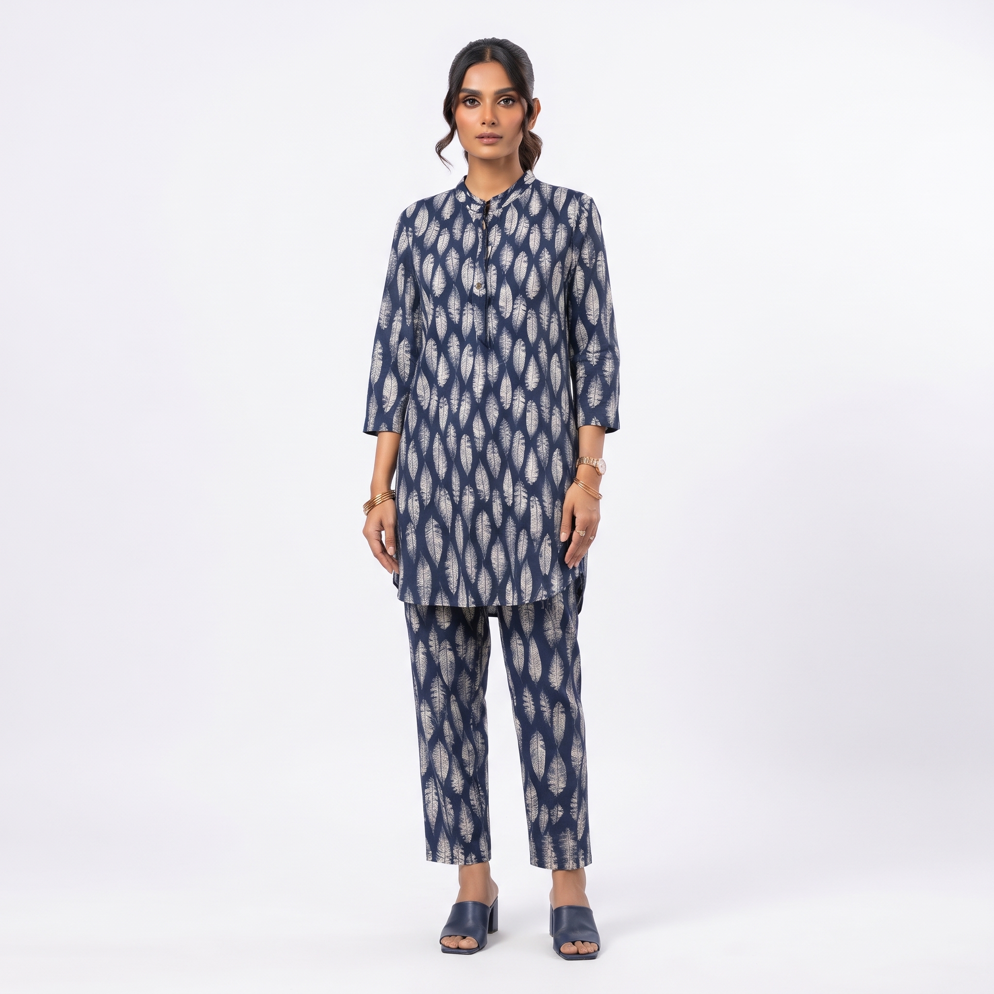 VALLORIYA – Women’s Navy Blue and White Feather Print Button-Down Tunic Top with Long Sleeves Available Size or Sizes S-M-L-XL-XXL-XXXL