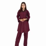 VALLORIYA - Maroon Textured Co-ord Set with Contrast Collar