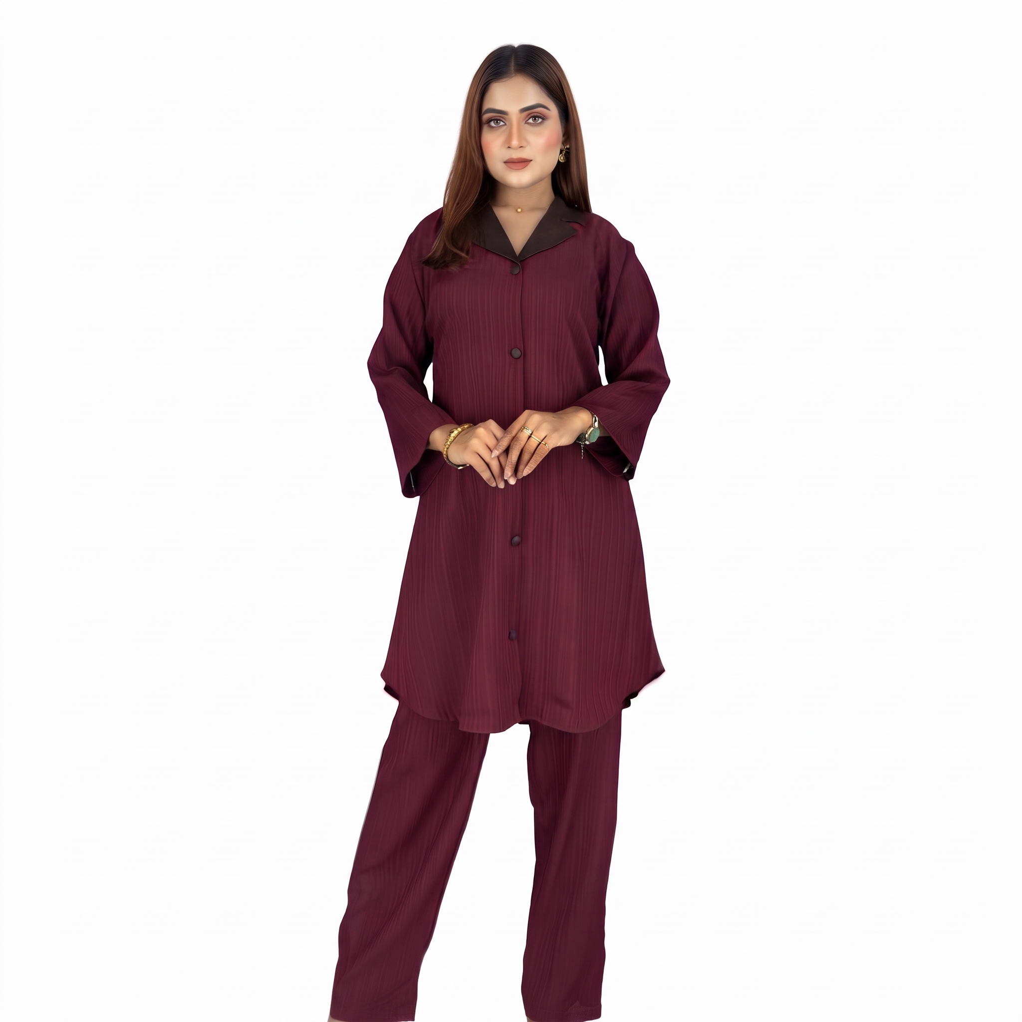 VALLORIYA – Maroon Textured Co-ord Set with Contrast Collar Available Size or Sizes S-M-L-XL-XXL-XXXL