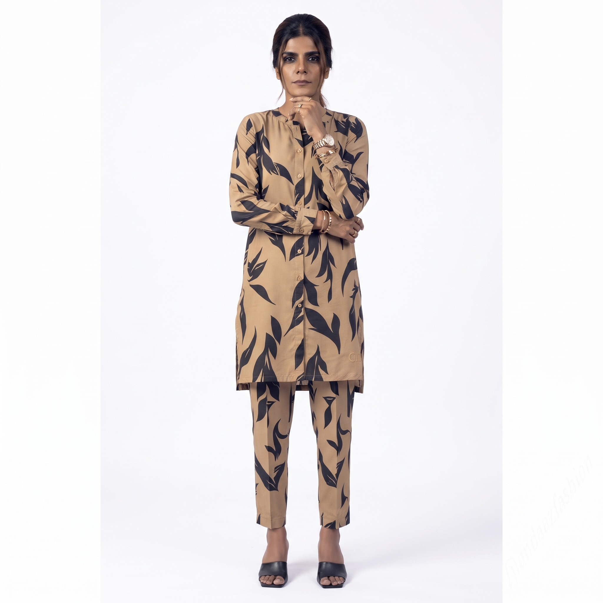 VALLORIYA – Women’s Beige and Black Floral Print Button-Down Tunic Top with Long Sleeves Available Size or Sizes S-M-L-XL-XXL-XXXL