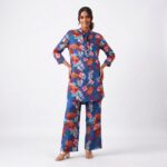 VALLORIYA – Women’s Blue Tropical Floral and Leaf Print Tie-Neck Tunic Top with Long Sleeves Available Size or Sizes S-M-L-XL-XXL-XXXL