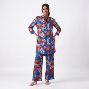 VALLORIYA – Women’s Blue Tropical Floral and Leaf Print Tie-Neck Tunic Top with Long Sleeves Available Size or Sizes S-M-L-XL-XXL-XXXL