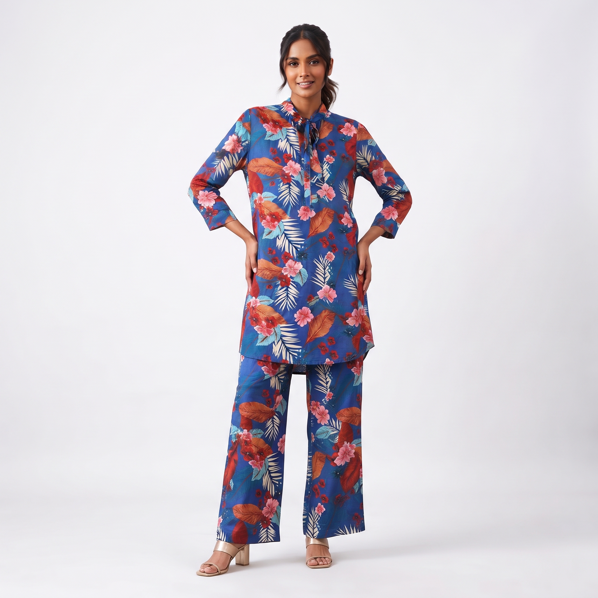 VALLORIYA – Women’s Blue Tropical Floral and Leaf Print Tie-Neck Tunic Top with Long Sleeves Available Size or Sizes S-M-L-XL-XXL-XXXL