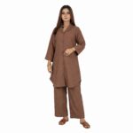 VALLORIYA - Women's Brown Textured Co-ord Set with Lapel Collar and Wide-Leg Trousers