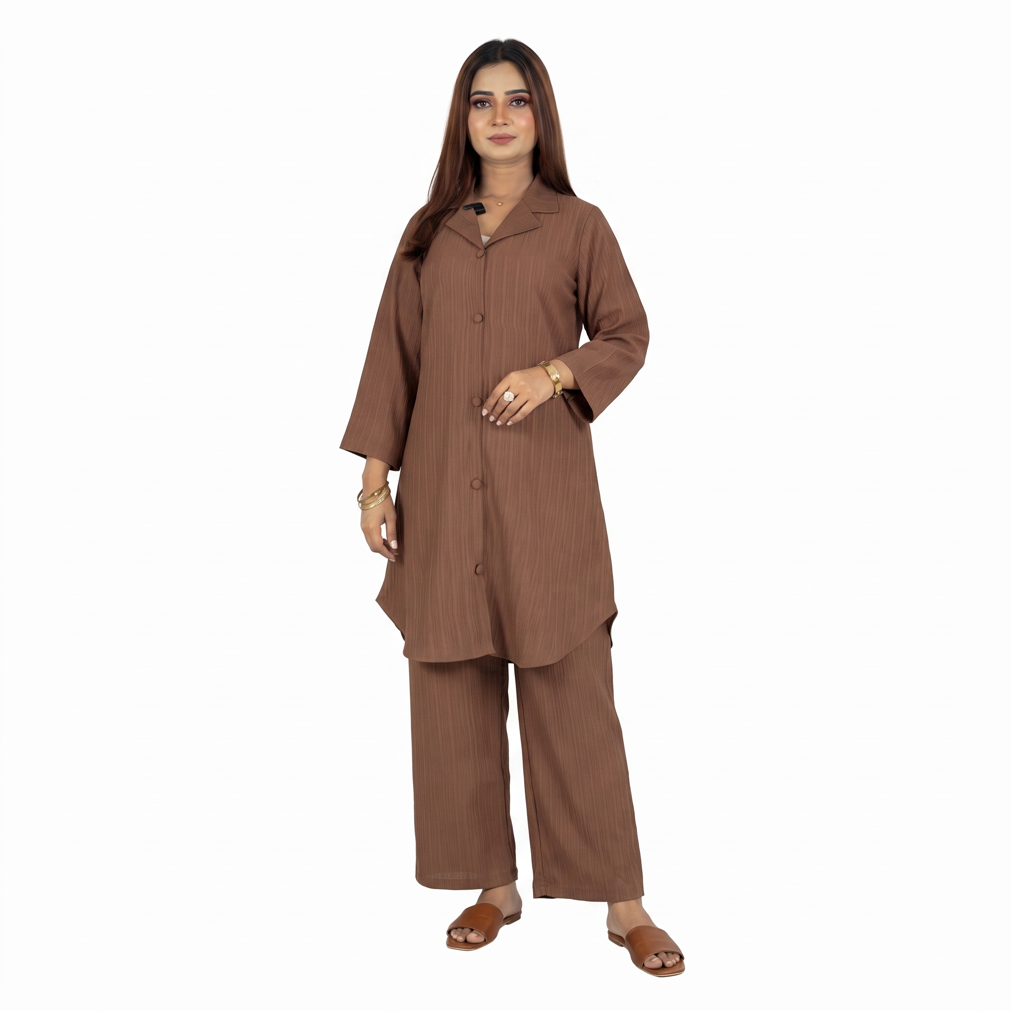 VALLORIYA – Women’s Brown Textured Co-ord Set with Lapel Collar and Wide-Leg Trousers Available Size or Sizes S-M-L-XL-XXL-XXXL