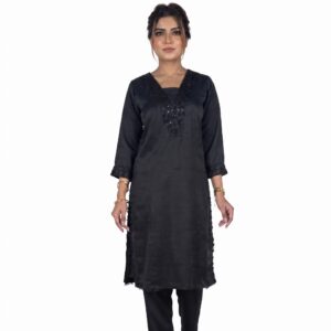 VALLORIYA - Women's Black Embellished Silk Co-ord Set with Heavy Cut-Dana Neckline and Matching Trousers